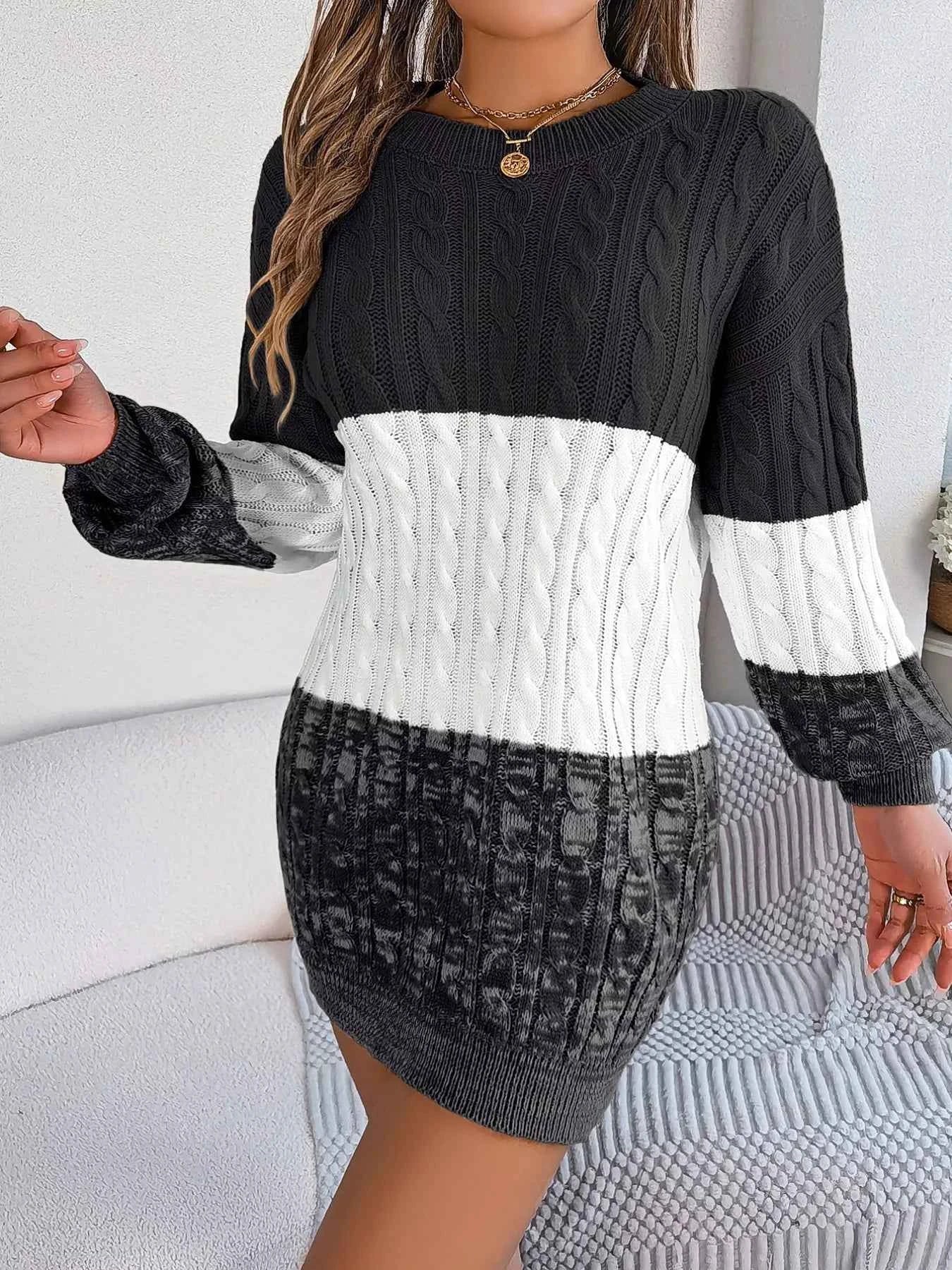 Color Block Cable Knit Sweater Dress with Textured Pattern