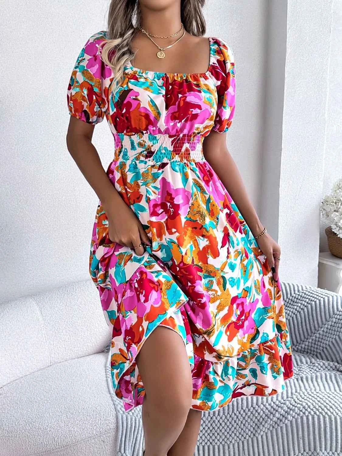 Ruffled Hem Smocked Floral Short Sleeve Midi Dress - DevilShop