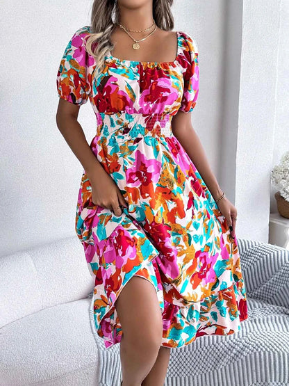 Ruffled Hem Smocked Floral Short Sleeve Midi Dress - DevilShop