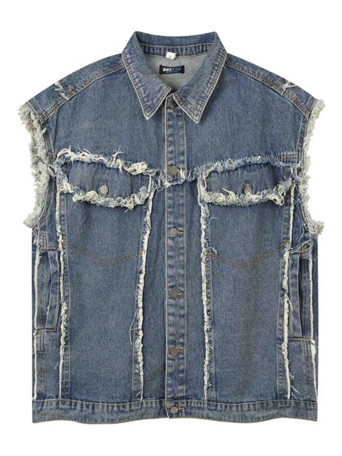 Veste en jean sans manches à boutonnage et ourlet brut - DevilShop