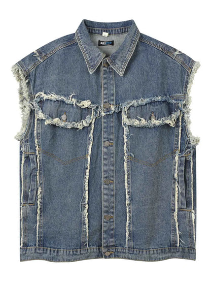 Veste en jean sans manches à boutonnage et ourlet brut - DevilShop