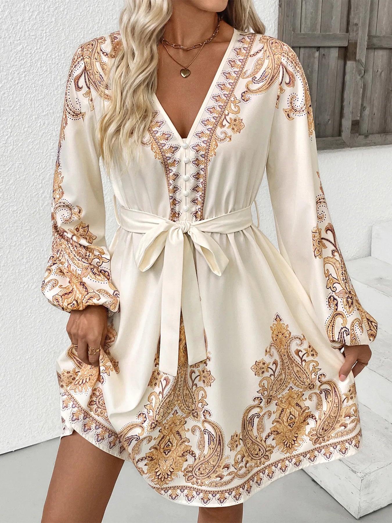Printed Tie Waist Long Sleeve Dress - DevilShop