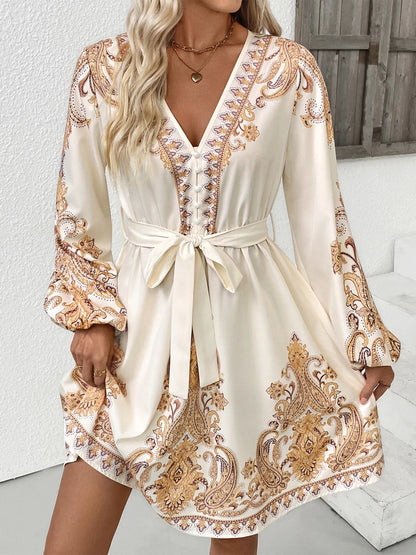 Printed Tie Waist Long Sleeve Dress - DevilShop