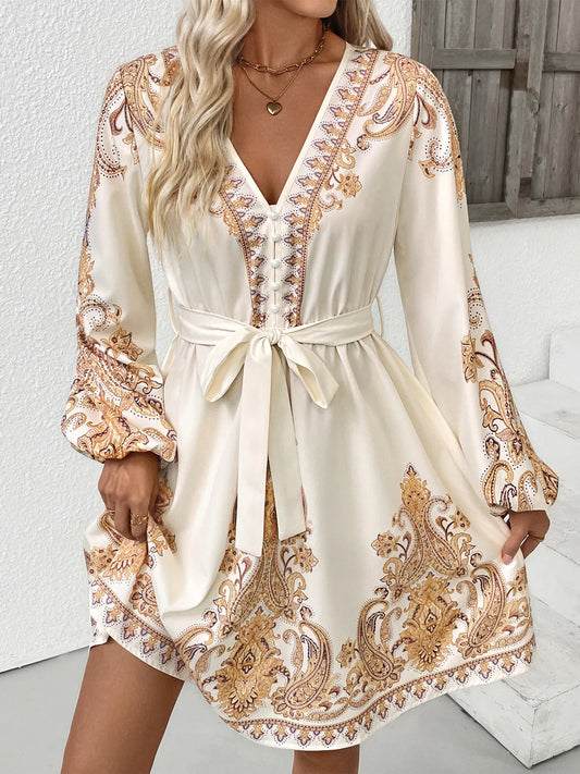 Printed Tie Waist Long Sleeve Dress - DevilShop