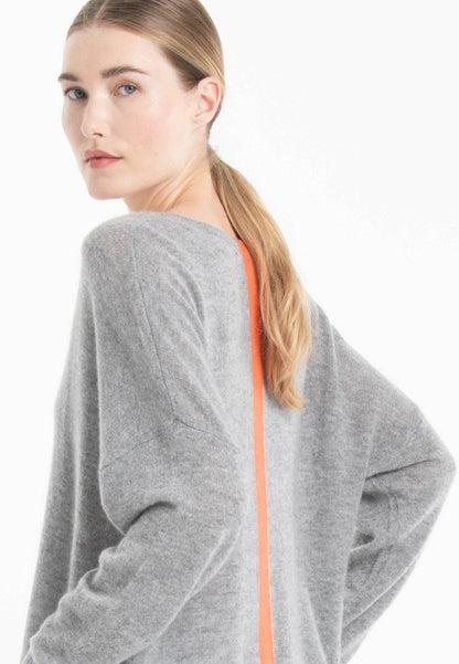 Pull col V femme en cachemire gris clair & mandarine - NAMI 23