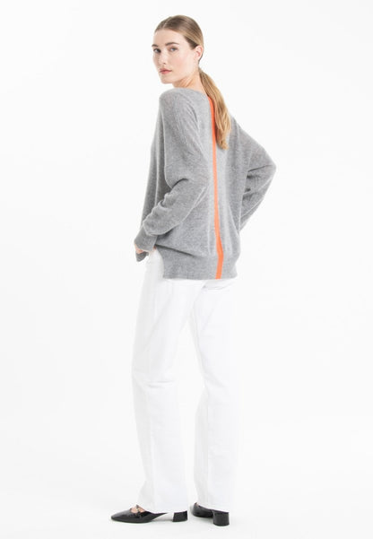 Pull col V femme en cachemire gris clair & mandarine - NAMI 23