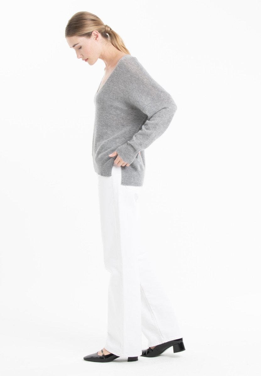 Pull col V femme en cachemire gris clair & mandarine - NAMI 23