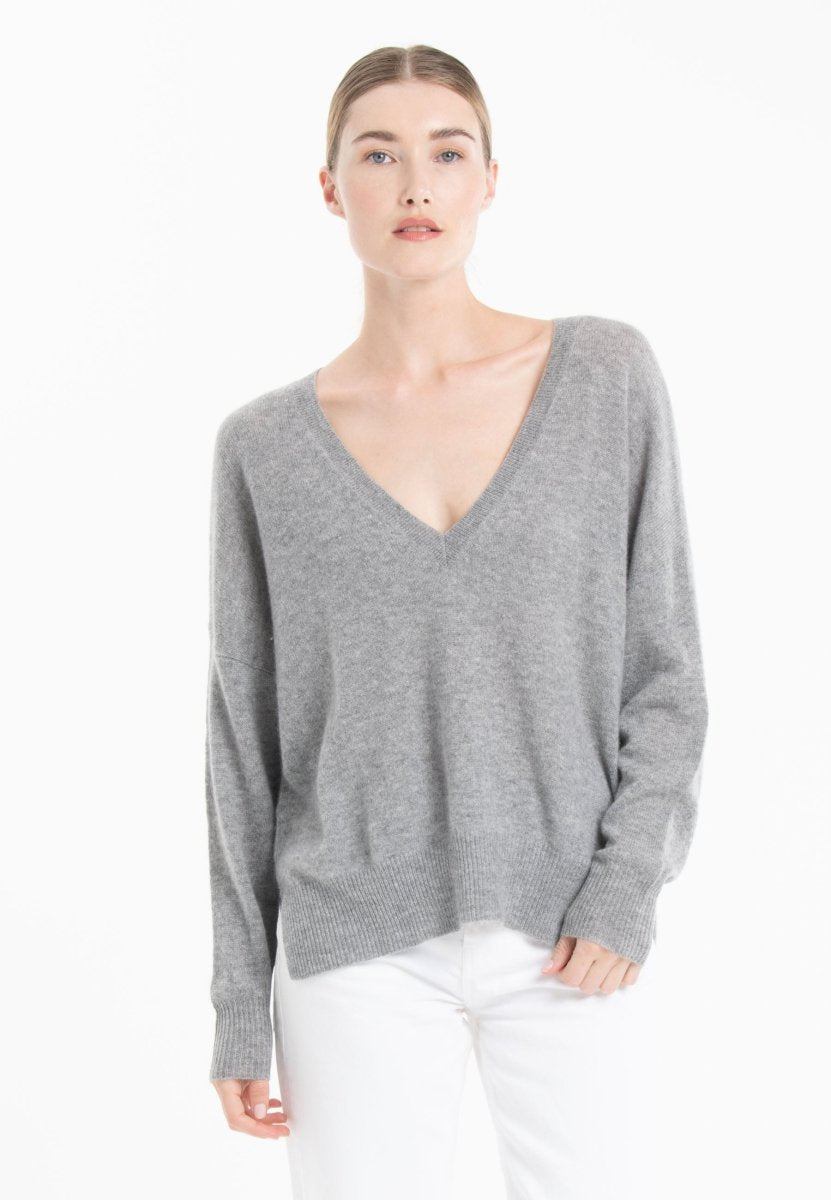 Pull col V femme en cachemire gris clair & mandarine - NAMI 23