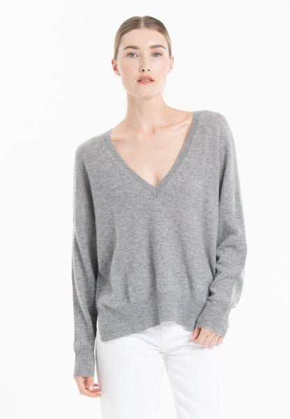 Pull col V femme en cachemire gris clair & mandarine - NAMI 23