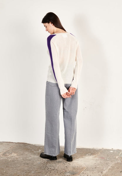 Pull col V femme en cachemire blanc écru & violet - RIA 1