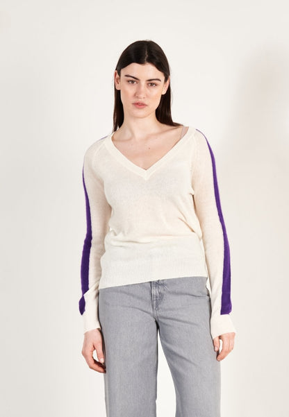 Pull col V femme en cachemire blanc écru & violet - RIA 1
