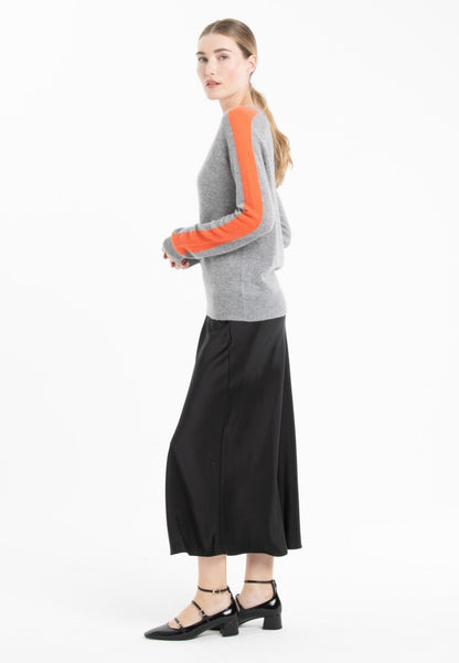 Pull col V femme en cachemire gris clair & mandarine - RIA 1