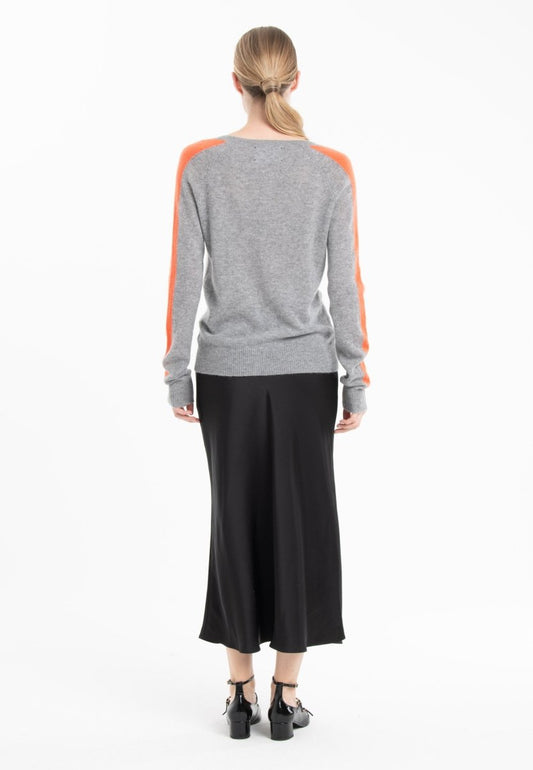 Pull col V femme en cachemire gris clair & mandarine - RIA 1