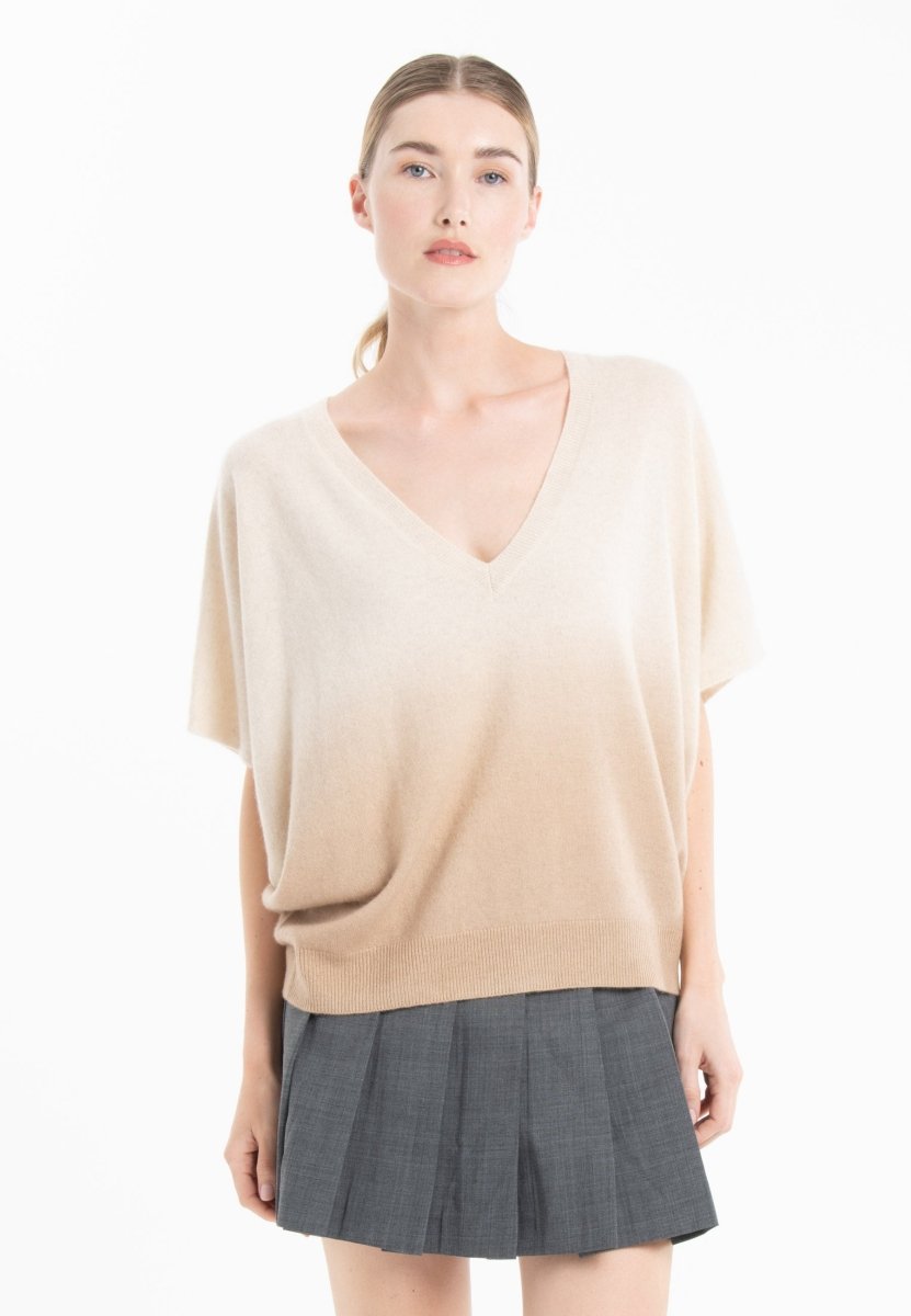 Pull col V manches chauve souris femme en cachemire tie & dye beige clair & beige foncé - RIA 7B