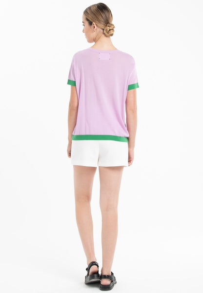 T shirt col rond manches courtes femme en cachemire & laine ultrafin lavande & vert - KELLY 1