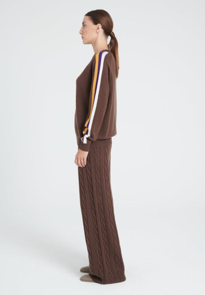 Pull col rond femme en cachemire marron & bande multicolor - ZAYA 19