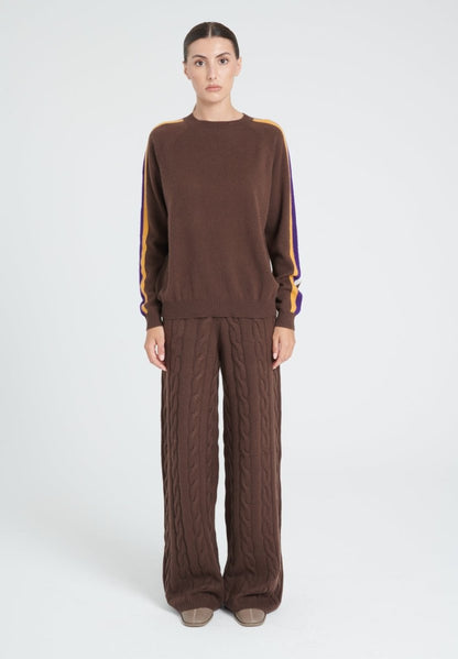 Pull col rond femme en cachemire marron & bande multicolor - ZAYA 19